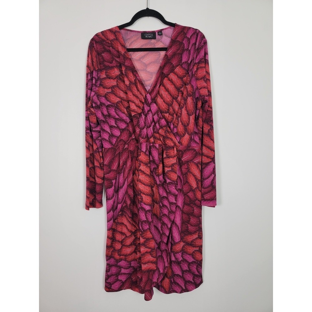 Gypsy Mara Hoffman Dress Womens Large Pink Red Feather Print Feminine Botanical - Picture 2 of 10
